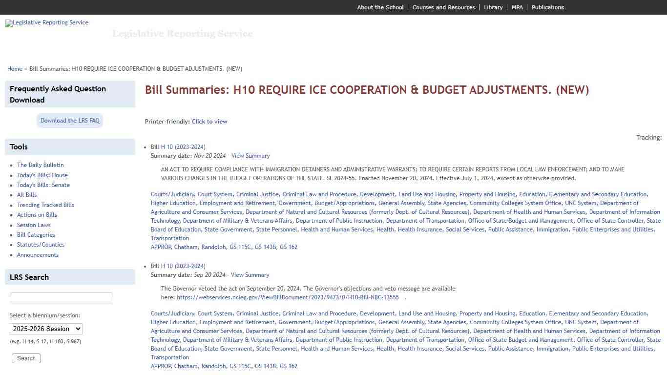 Bill Summaries: H10 REQUIRE ICE COOPERATION & BUDGET ADJUSTMENTS. (NEW) | Legislative Reporting Service